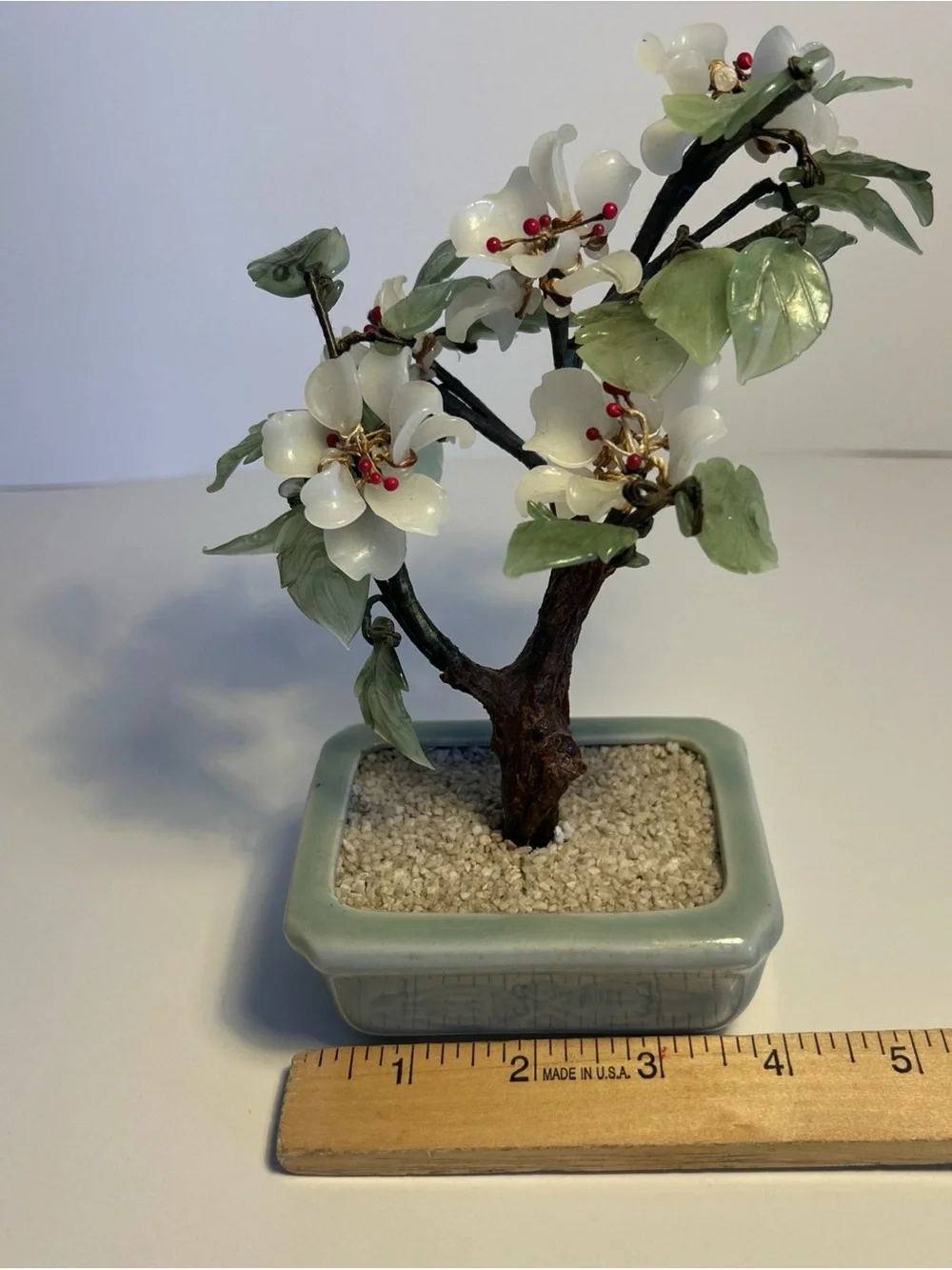 White Jade Blossom Bonsai in Pale Green Planter - Brand Unknown